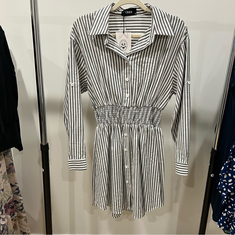 Cider Gray and White Striped Button-Up Shirt Dress